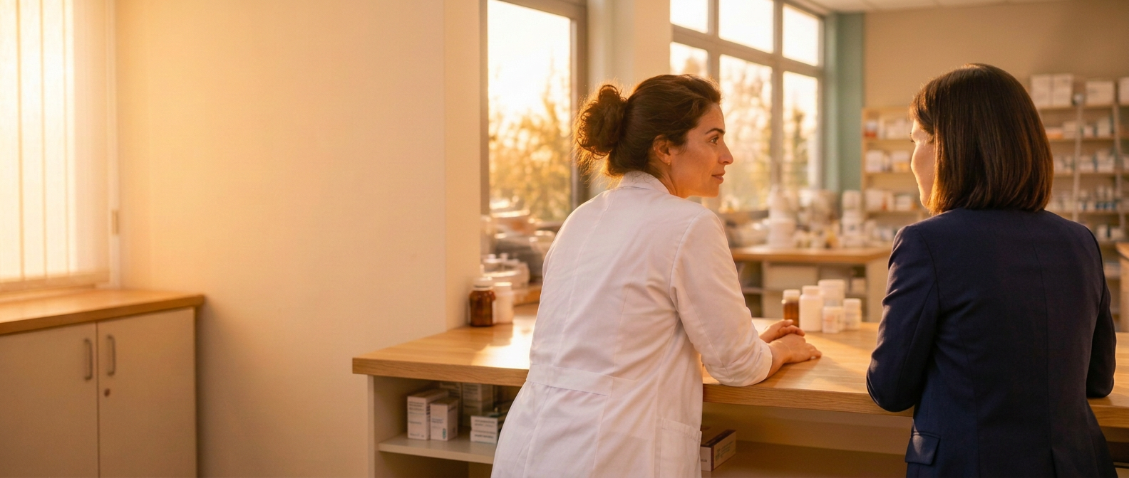 Apotheker en auditor in gesprek in de backoffice van de apotheek